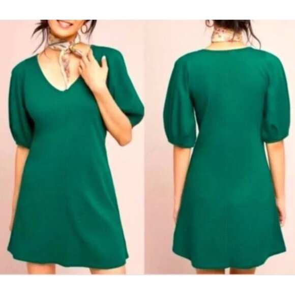 Anthropologie Velvet Graham & Spencer Dress Blue L Large Green Short Puff Sleeve - Picture 1 of 12